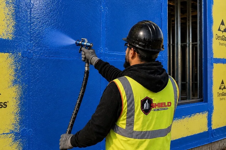 A Shield crew member spray-applying fluid-applied air barrier over exterior sheathing.