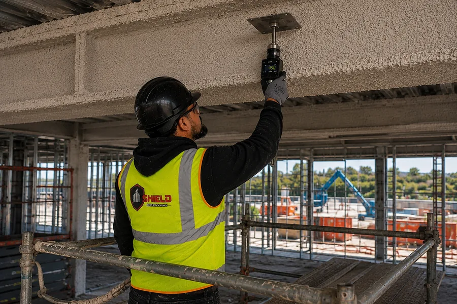 A Shield crew member checking applied fireproofing on the underside of a deck.