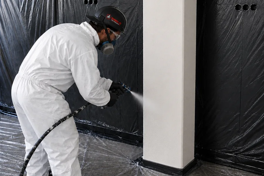 A technician in a protective suit spraying coating onto a structural column.