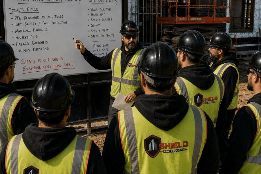 A Shield crew gathered at a job-site safety meeting board.