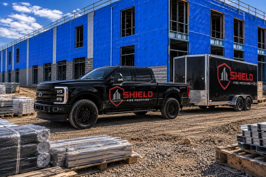 A Shield truck and enclosed trailer parked at a job site.