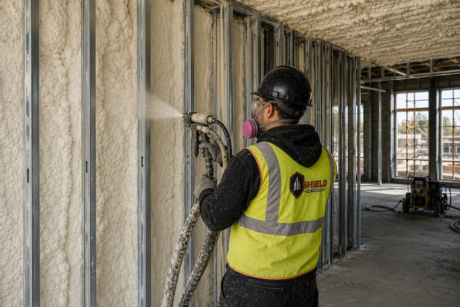 A Shield crew member spraying foam insulation into a stud wall cavity.