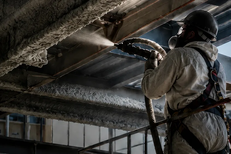 A technician spraying fire-resistive material onto structural steel.